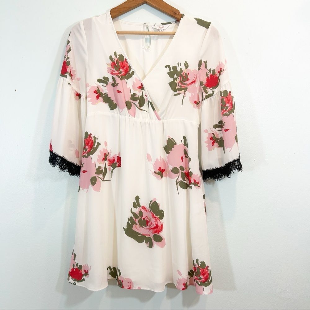 Candie's Pink Red White Floral Babydoll Dress Black Lace Trim Bell Sleeves M